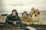 Michael Ancher fire fiskere ved en bad pa skagens strand oil painting
